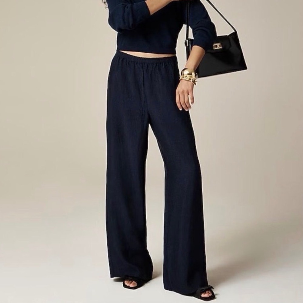 J. Crew Stratus Pants in Textured Satin Wide Leg Cupro Navy Blue - XSmall